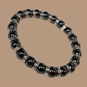 Handmade Black Magnetic Hematite/Silver Beaded Stretch Bracelet Boho Ethnic 7.5